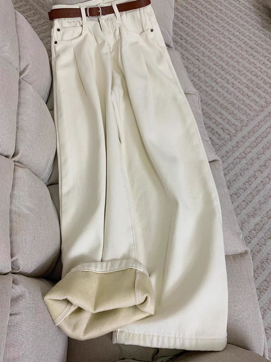 Fleece-Lined Straight Leg Jeans For Women – High Waist | Cream Beige | Winter Warmth | Relaxed Fit | Pleated Wide Leg | S-XXL_mkmklike.com