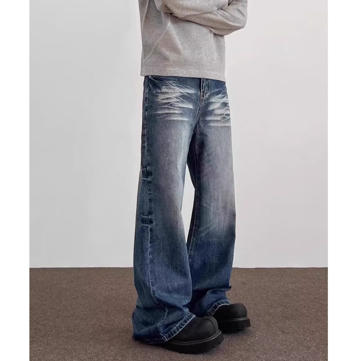 Men's Clothing American High Street Vibe Style Retro Washed Cat Whisker Distressed Jeans Men's Trendy Straight Loose Pleated Trousers_mkmklike.com