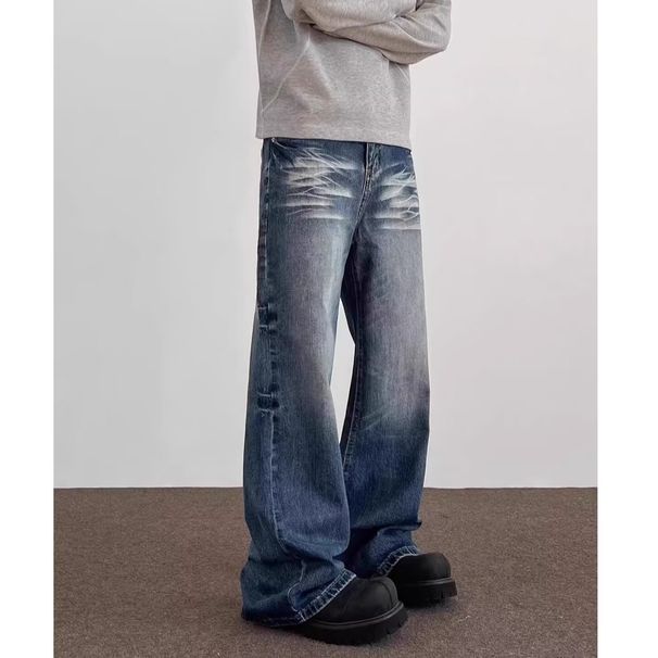 Men's Clothing American High Street Vibe Style Retro Washed Cat Whisker Distressed Jeans Men's Trendy Straight Loose Pleated Trousers_mkmklike.com