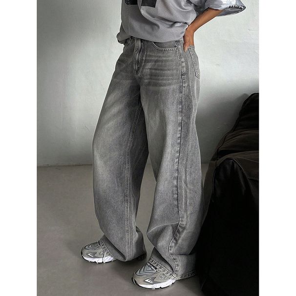 Relaxed Straight-Leg High Waist Jeans For Women - Vintage Washed Wide-Leg Denim Pants, Soft Stretch Comfort, Casual Boho Chic (Smoky Grey, S-2XL)_mkmklike.com