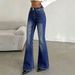 Women's High Waist Double Button Flared Jeans L1052 American Style Dark Blue Washed Slim Fit Floor Length Elastic Pants_mkmklike.com