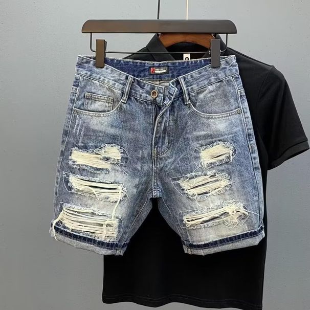Men's Clothing Ins Summer Thin Style Trendy Slim Black And Gray Print Beggar Scratched Hole Shorts_mkmklike.com