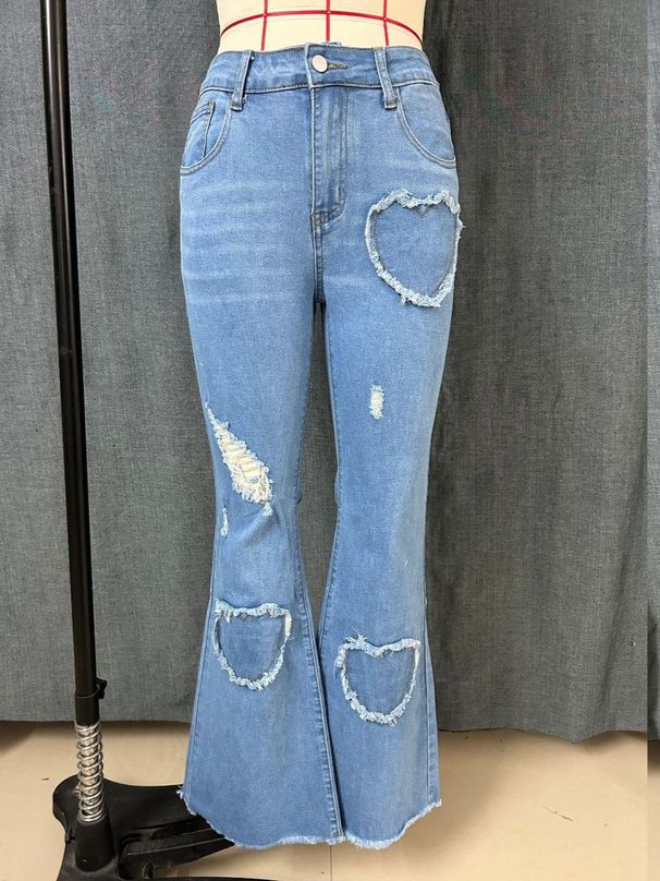 K Jeans, Women's Versatile Flared Trimming, Fashionable And Casual Heart-shaped Perforated Flared Pants_mkmklike.com