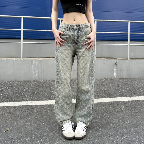 Men's Clothing Stitch Jacquard Denim Jeans Niche Design Black Grey Distressed Wash Loose Fit Wide Leg Slimming High Street Cropped Trousers_mkmklike.com