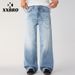 Men's Light Blue Washed Vintage Straight-Leg Jeans – Classic Denim With Distressed Whiskering & Retro Styling_mkmklike.com