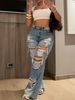 Women's Distressed Washed Straight Leg Jeans | Vintage Streetwear Denim Pants With Button Details | Stretch Relaxed Fit High Waist Trousers_mkmklike.com