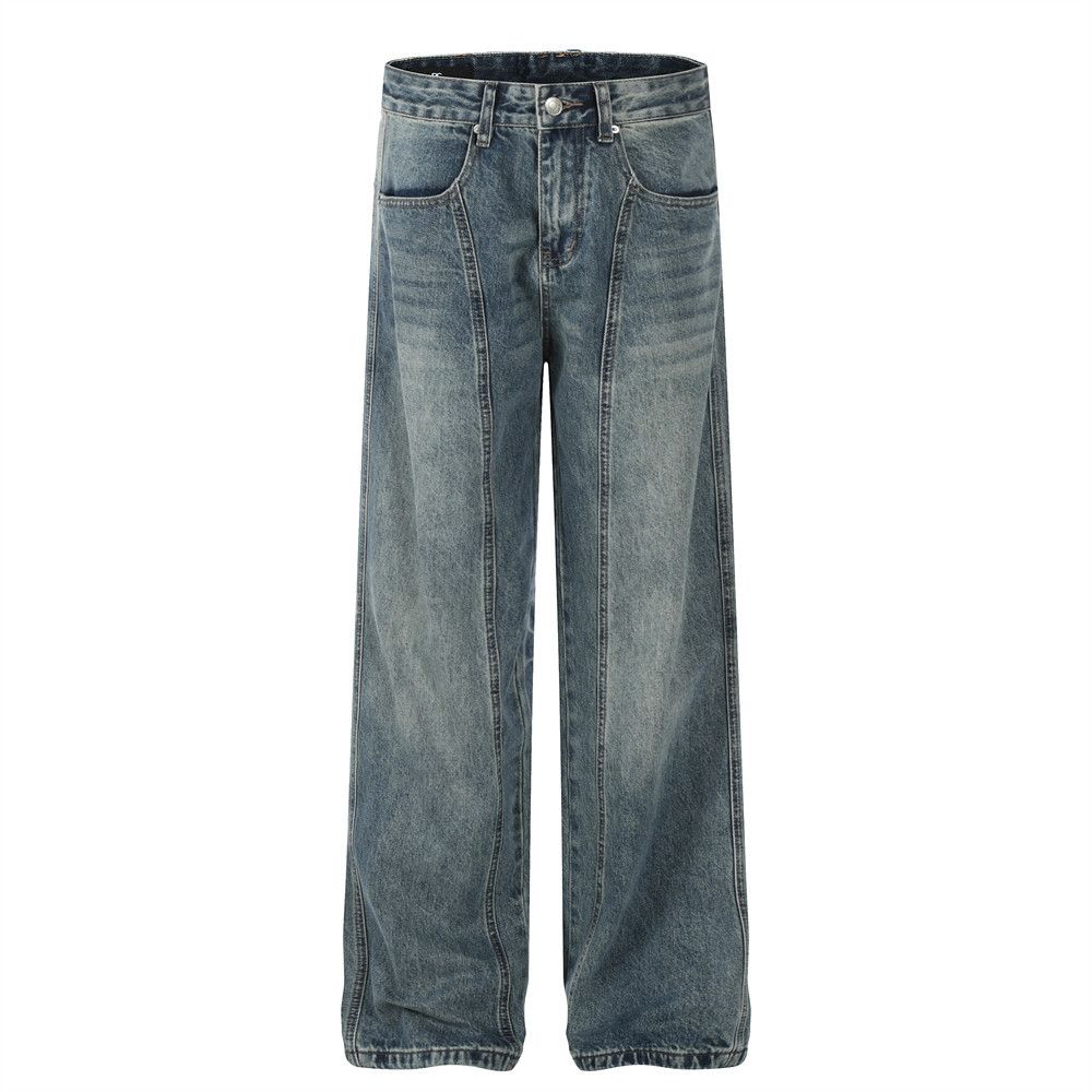 American Style Washed Vintage Jeans For Men Loose Deconstructed Design Versatile Straight Wide-Leg Pants_mkmklike.com