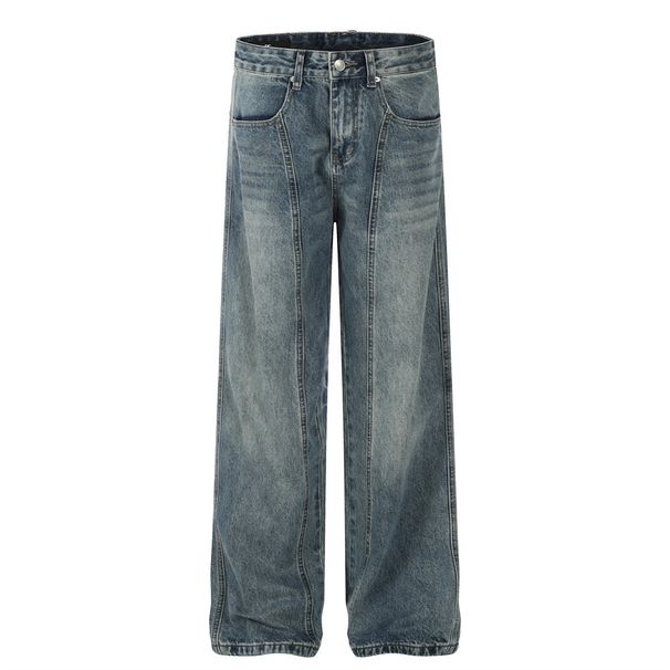 American Style Washed Vintage Jeans For Men Loose Deconstructed Design Versatile Straight Wide-Leg Pants_mkmklike.com