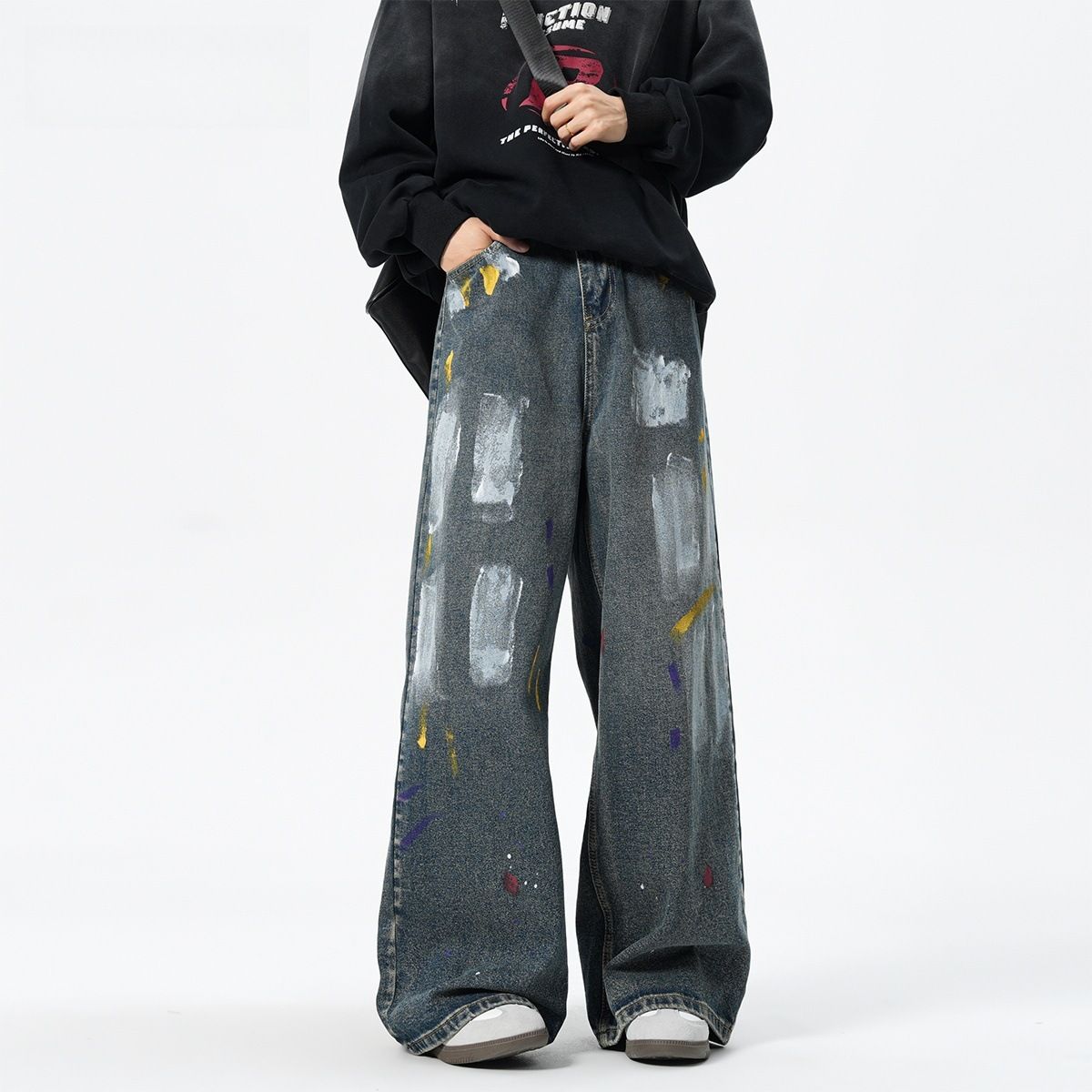Urban Streetwear Paint-Splatter Jeans For Men, Relaxed Straight-Leg Trousers, Unisex Casual Pants For Autumn_mkmklike.com