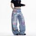 American Style Hot Girl Graffiti Waist Chain Printed Jeans Unisex Summer Versatile Slimming Straight Draped Wide-Leg_mkmklike.com