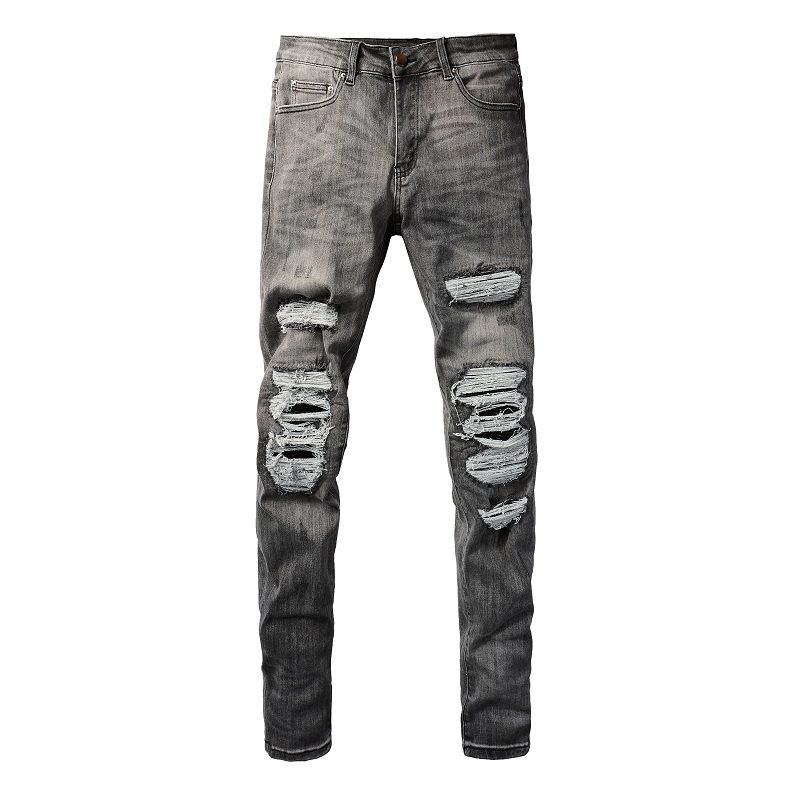 European And American Street Trendy Hole PU Patch DIY Yarn Cutting Men's Jeans Men's High Street Casual Slim Men's Pants 5635_mkmklike.com