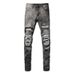 European And American Street Trendy Hole PU Patch DIY Yarn Cutting Men's Jeans Men's High Street Casual Slim Men's Pants 5635_mkmklike.com