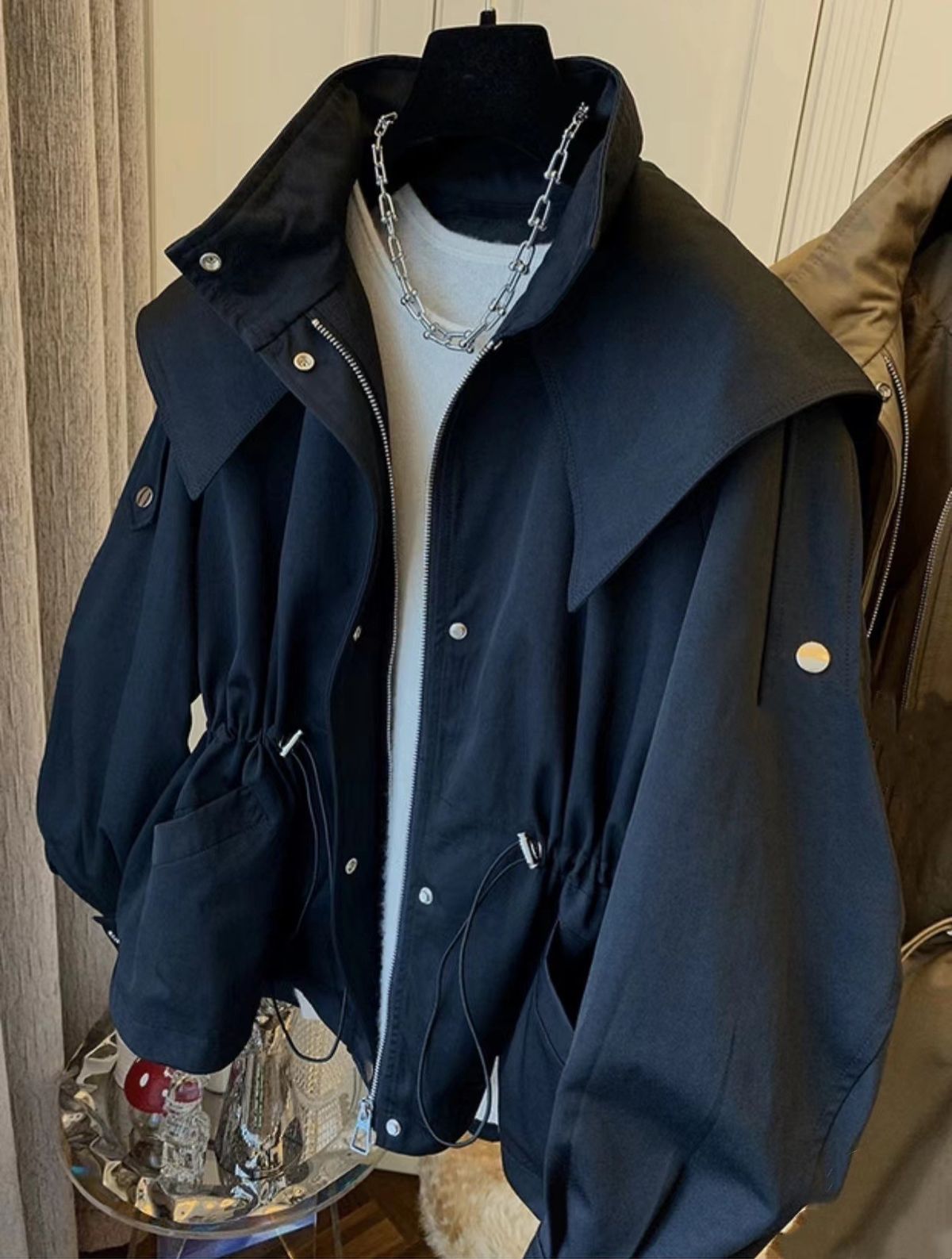 Women's casual drawstring waist tooling trench coat coat female spring and autumn short_mkmklike.com