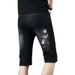 Men's Summer Embroidered Denim Shorts Trendy Straight Leg Stretch Ripped Casual Black Five Point Hot Item_mkmklike.com