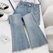 Retro Blue Frayed Flare Jeans High Waist Slimming Petite Elastic Pants for Women Flash Sale_mkmklike.com