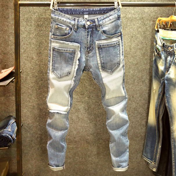 Autumn And Winter Trendy Brand Sticker Ruffian Handsome Jeans Men's Personality Multi-pocket Trend Slim-fitting Small Feet Splicing Elastic Trousers_mkmklike.com