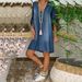 Women's Clothing V Neck Buttoned Pullover Mid Sleeve Denim Dress_mkmklike.com