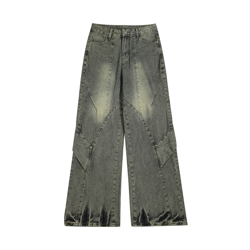 "Men's Oversize Distressed Denim Work Pants - High Street Streetwear Patchwork Deconstructed Loose Fit Straight Leg Wide Trousers"_mkmklike.com