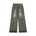 "Men's Oversize Distressed Denim Work Pants - High Street Streetwear Patchwork Deconstructed Loose Fit Straight Leg Wide Trousers"_mkmklike.com