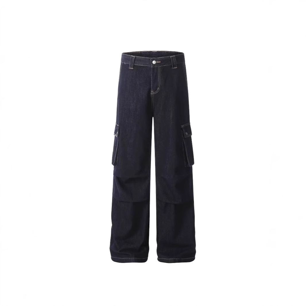 Straight Leg Cargo Jeans - Casual Loose Fit Work Pants With Droopy Hem, Multi-Pocket Design, Unisex Fashion For Spring & Autumn_mkmklike.com