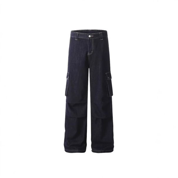 Straight Leg Cargo Jeans - Casual Loose Fit Work Pants With Droopy Hem, Multi-Pocket Design, Unisex Fashion For Spring & Autumn_mkmklike.com