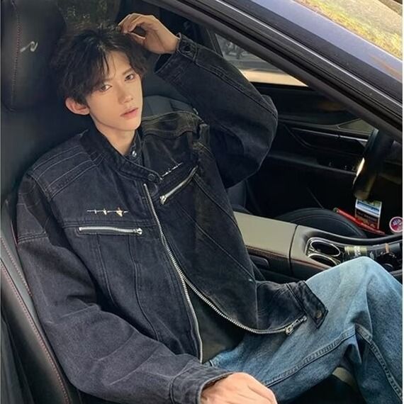 American Style Vintage Washed Shoulder Padded Denim With Men's Design Sense, Street Clean Fit Jacket_mkmklike.com