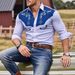 Southwestern Party Stretch Denim Men's Shirt - Aztec Print Long Sleeve Shirt For Men, Breathable & Comfortable, Casual Western Style (M-3XL)_mkmklike.com