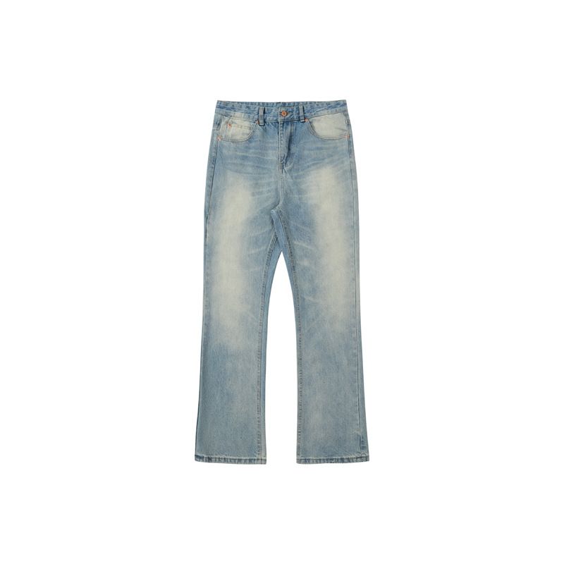 RDT Men's Clothing|Cleanfit Washed Vintage Ice Blue Cream Faded Cat Scratch Flared Jeans For Men_mkmklike.com