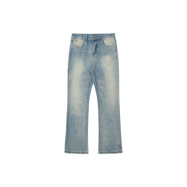 RDT Men's Clothing|Cleanfit Washed Vintage Ice Blue Cream Faded Cat Scratch Flared Jeans For Men_mkmklike.com