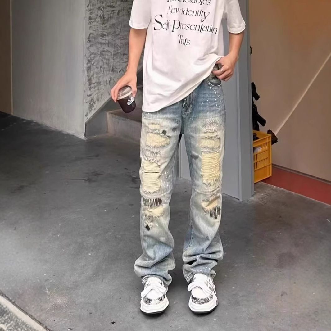 "Vintage Distressed Ripped Jeans Men's High Street Baggy Flare Pants With Embroidery – 90s Grunge Style, Oversized Fit, Retro Washed Denim_mkmklike.com