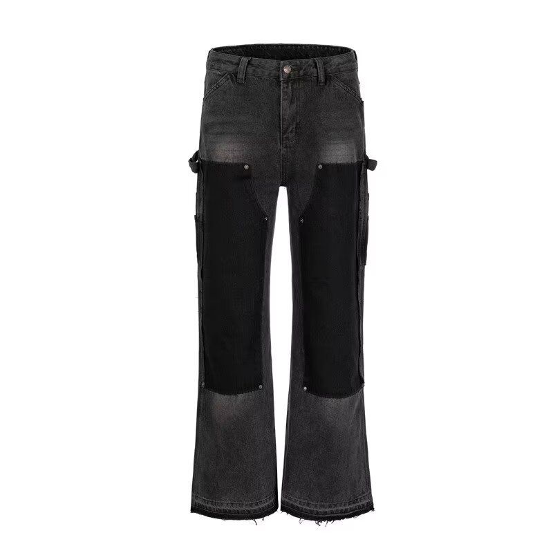 Men's Clothing Stitching Washed Black Flared Jeans High Street Style Cleanfit Pants Hiphop Trousers_mkmklike.com