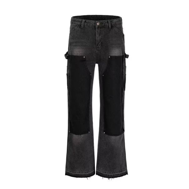 Men's Clothing Stitching Washed Black Flared Jeans High Street Style Cleanfit Pants Hiphop Trousers_mkmklike.com