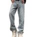 Men's Clothing Streetwear Jeans – Washed Blue Straight-Leg Checkerboard Print Pants (76% Cotton, High-Fashion Hip-Hop Style, Distressed Detailing)_mkmklike.com