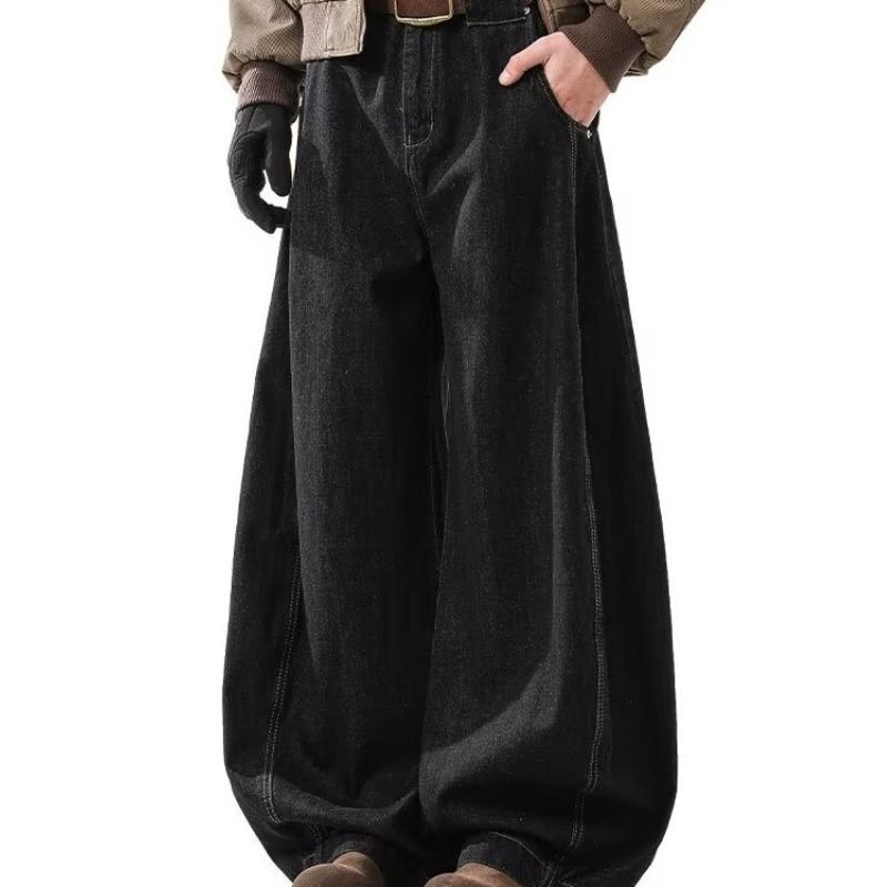 Men's Trendy Casual Black Curved Silhouette Jeans Retro American Style Loose Baggy Straight Leg Sickle Pants_mkmklike.com