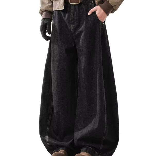 Men's Trendy Casual Black Curved Silhouette Jeans Retro American Style Loose Baggy Straight Leg Sickle Pants_mkmklike.com