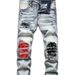 Men's Slim Fit Distressed Patchwork Embroidered Jeans | Streetwear Denim Pants | High Waist Straight Leg | Light Blue Washed Cotton_mkmklike.com