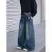 Men's Retro Blue Belted Jeans - Loose Straight Leg Denim Pants For Autumn & Winter, High Street Wide Leg Style_mkmklike.com