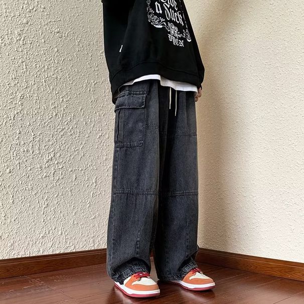 Men's Trendy Hong Kong Style Multi Pocket Cargo Jeans Loose Fitting Wide Leg Trousers Spring Autumn Versatile Casual Pants_mkmklike.com