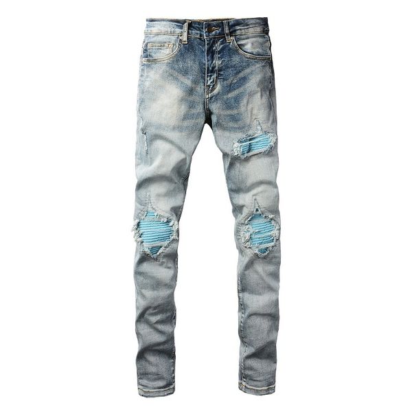 European And American Trendy Brand High-craftsmanship Washed Ripped Jeans Men's Slim Pants Men's Jeans Men's Elastic Pants 1332_mkmklike.com