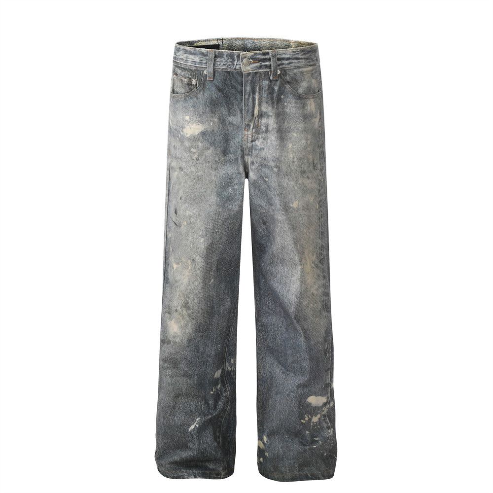 Men's Clothing Wasteland Style Beggar Old Jeans Men's Niche Loose High Street Ink Splashed Tie Dye Wide Leg Straight Trousers_mkmklike.com