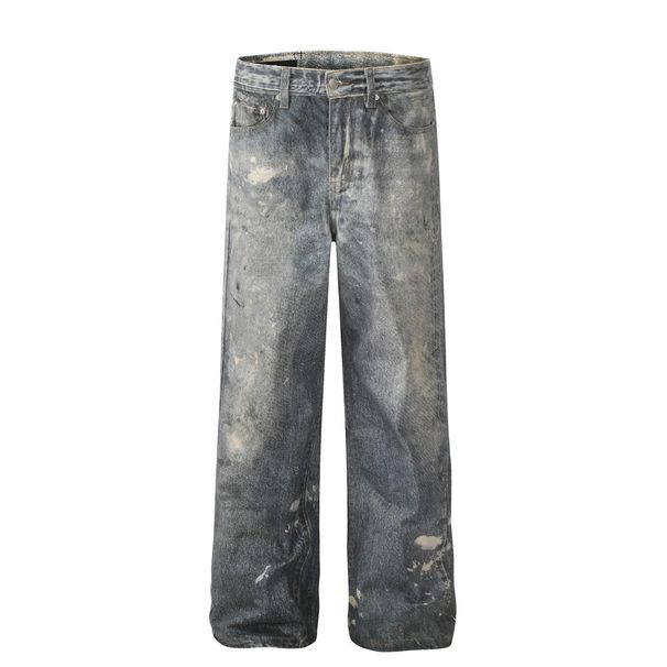 Men's Clothing Wasteland Style Beggar Old Jeans Men's Niche Loose High Street Ink Splashed Tie Dye Wide Leg Straight Trousers_mkmklike.com