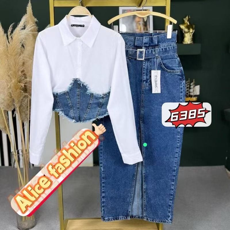 Women's Clothing Denim Splicing Two Piece Long Sleeved Shirt Denim Slit Dress Two Piece Suit_mkmklike.com