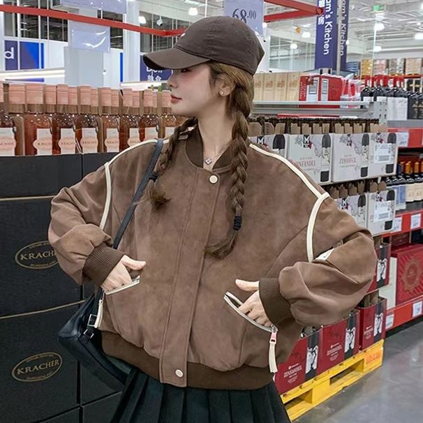 Shanlida's Designer Baseball Jacket For Petite Women In Coffee Color, 2025 Spring Hot Style, Super Stylish_mkmklike.com