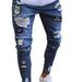Distressed Embroidered Skinny Jeans For Women - High Waist Stretch Denim Pants With Knee Rips & Zip Detail (Navy Blue, Sizes 30-38)_mkmklike.com
