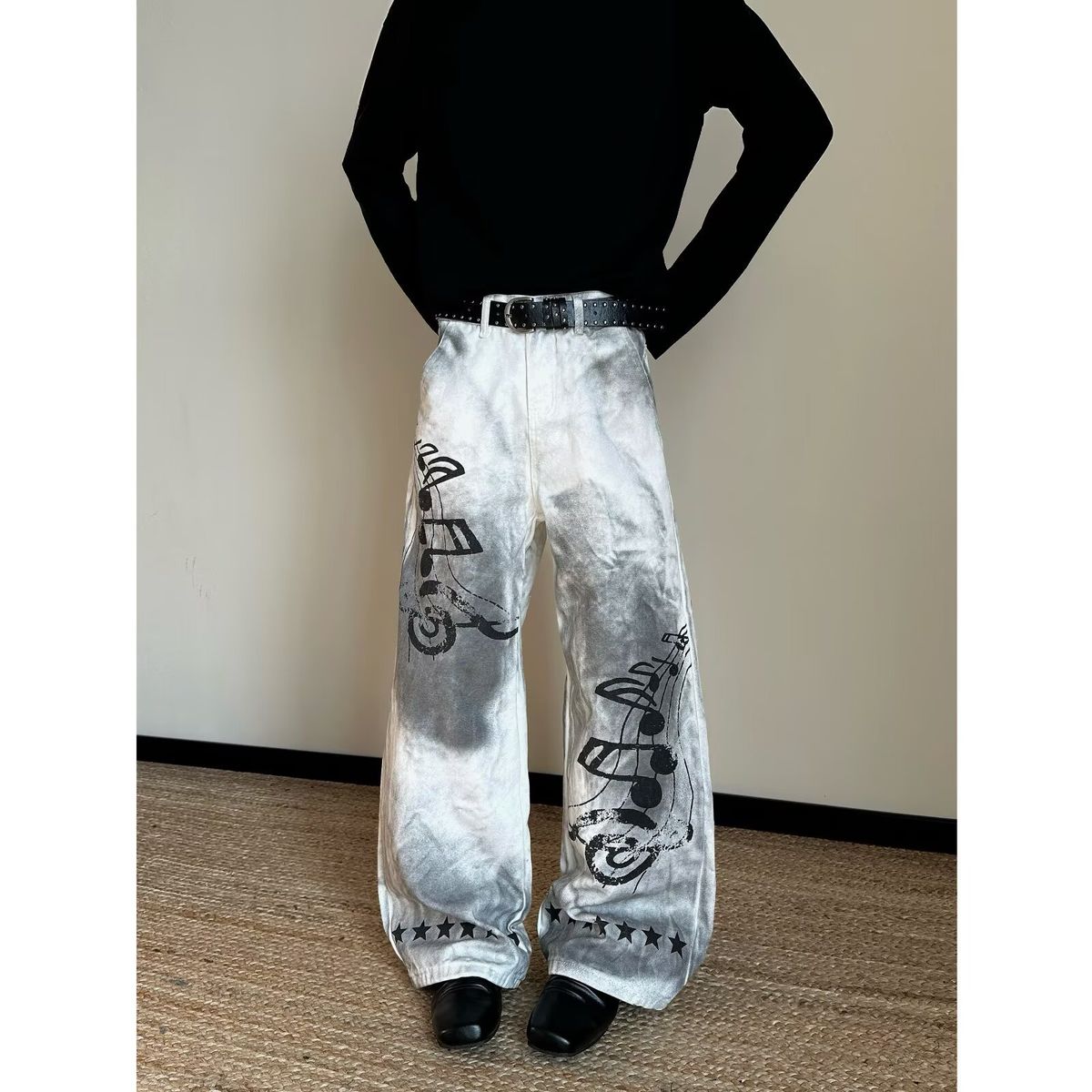 Unisex Washed Distressed Jeans Street Style Loose Fit Trendy Star Element Versatile Long Pants For Men_mkmklike.com