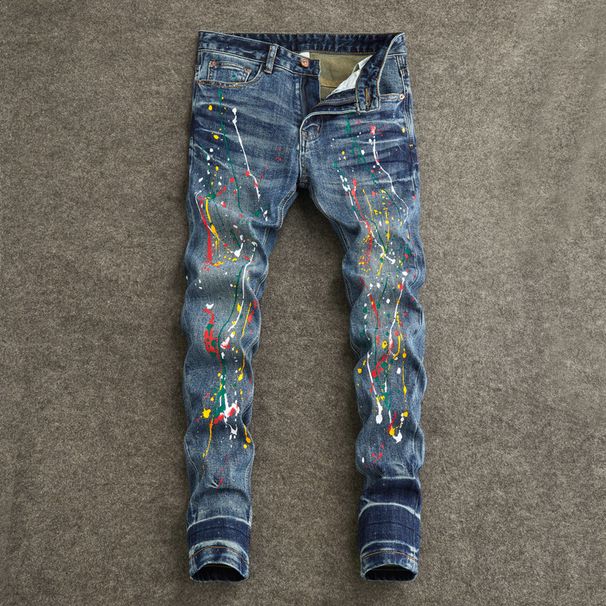Men's Distressed Slim Fit Jeans – Vintage Washed Blue Denim With Paint Splatter & Stretch Comfort (28-38, Streetwear Essential)_mkmklike.com