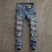 Men's Distressed Slim Fit Jeans – Vintage Washed Blue Denim With Paint Splatter & Stretch Comfort (28-38, Streetwear Essential)_mkmklike.com