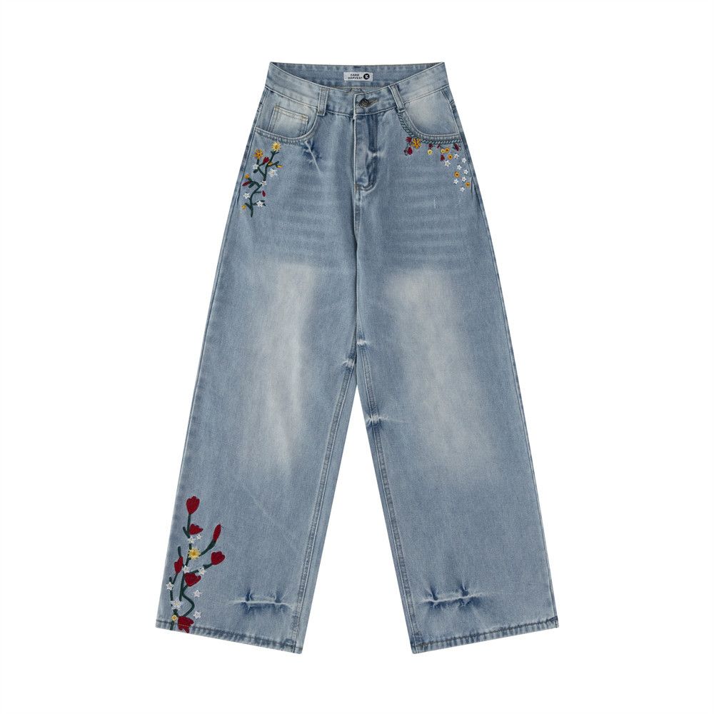 Design Sense Small Floral Embroidery Washed Denim Straight Long Pants Men's Vintage Punk Niche Personality Casual Wide_mkmklike.com