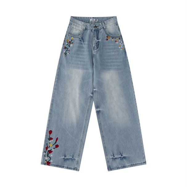 Design Sense Small Floral Embroidery Washed Denim Straight Long Pants Men's Vintage Punk Niche Personality Casual Wide_mkmklike.com