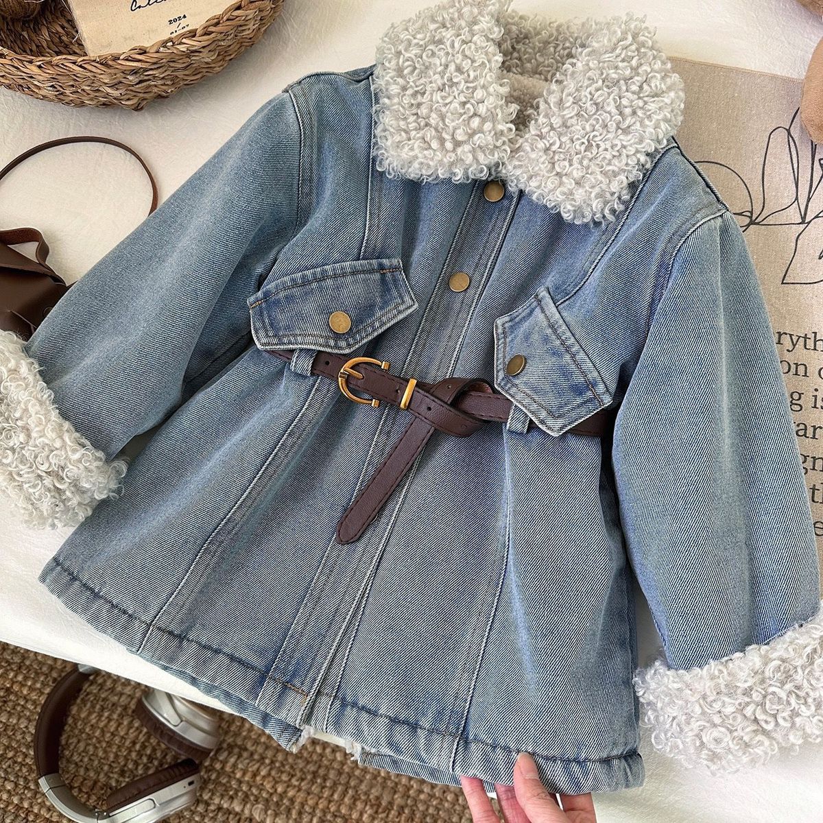 Girls Denim Dress Fleece Lined Thickened Long Warm Winter Jacket Baby Girls Clothing Relaxed Everyday Wear Versatile Comfortable Feshion Trend_mkmklike.com